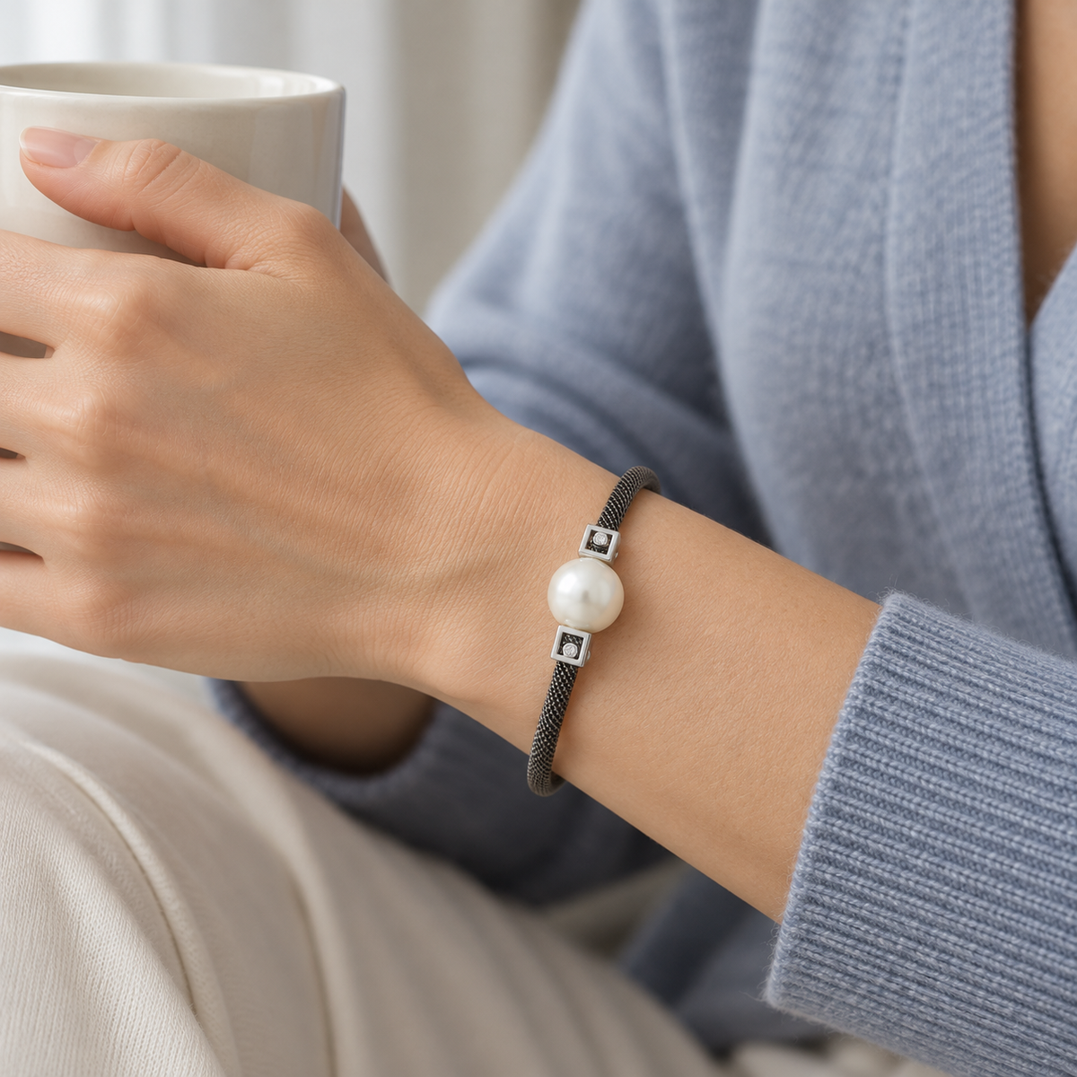 Pulsera de acero y detalles geométricos V-2671/PU — joya puesta desde otro ángulo