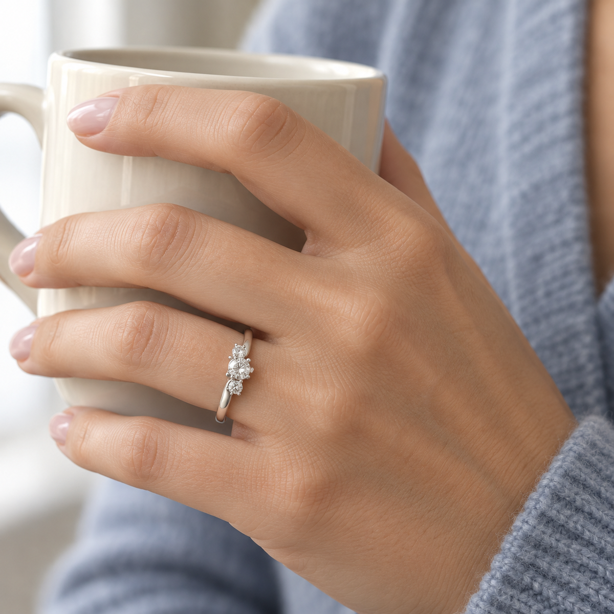 Anillo de compromiso con aro liso V-2803/S — joya puesta desde otro ángulo