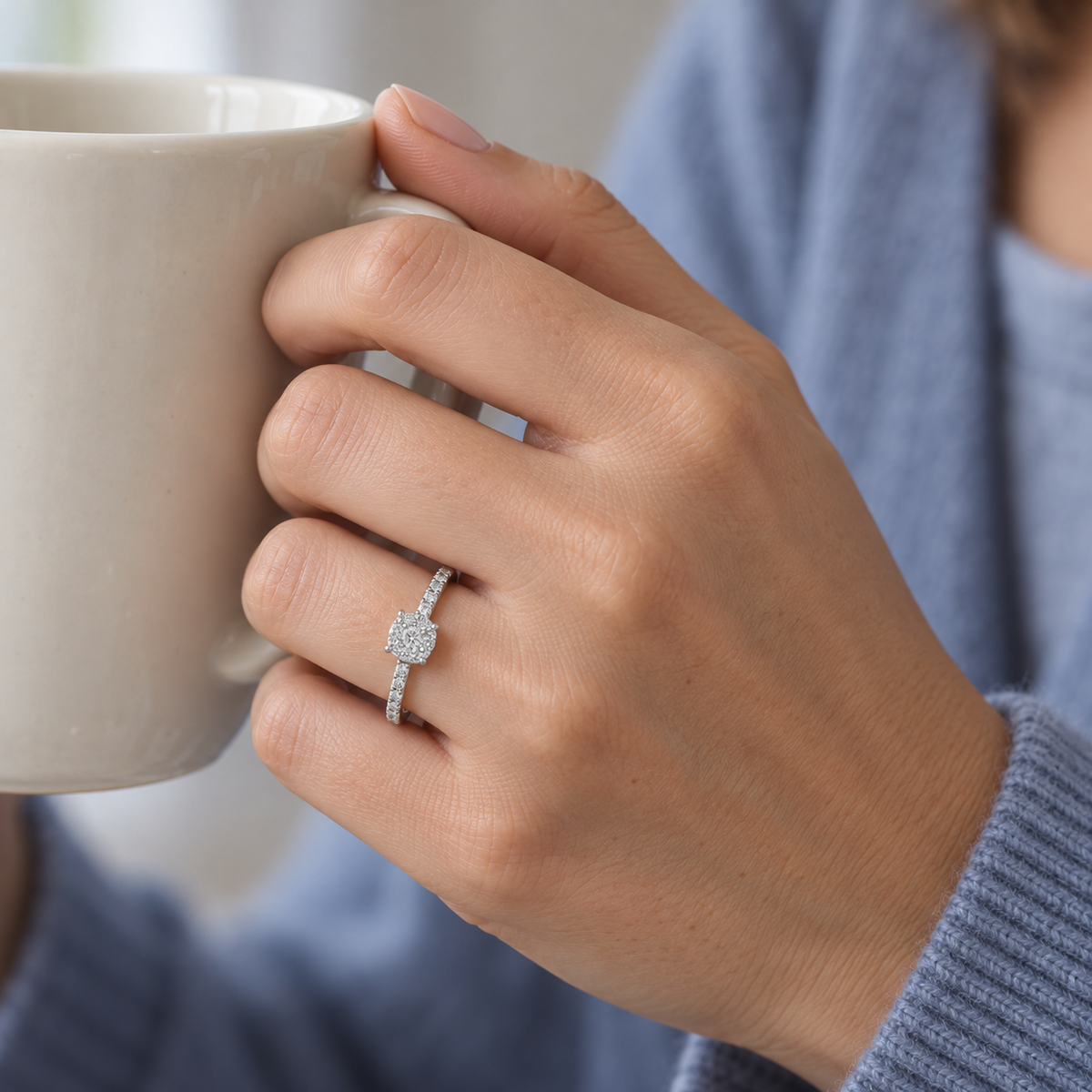 Anillo de compromiso de perfil fino V-3252/S — joya puesta desde otro ángulo