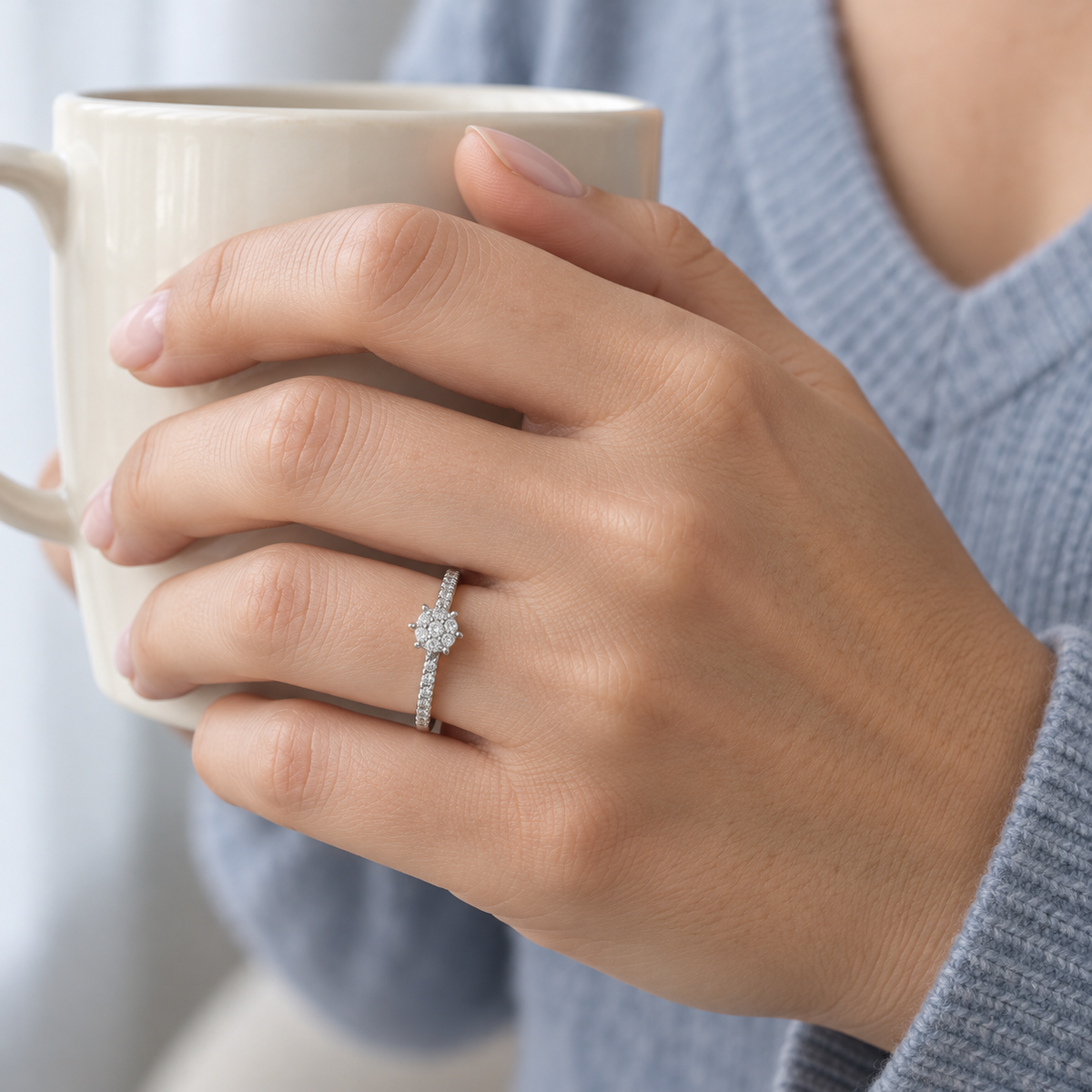 Anillo de compromiso con montura recortada V-3259/S — joya puesta desde otro ángulo