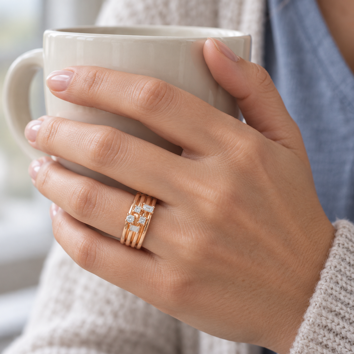 Anillo de bandas doradas y geometría V-3395/S — joya puesta desde otro ángulo