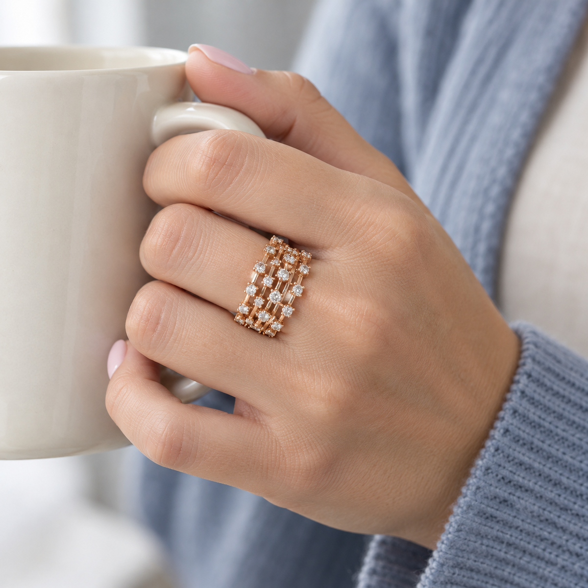 Anillo de trama dorada y centros de luz V-3460/S — joya puesta desde otro ángulo