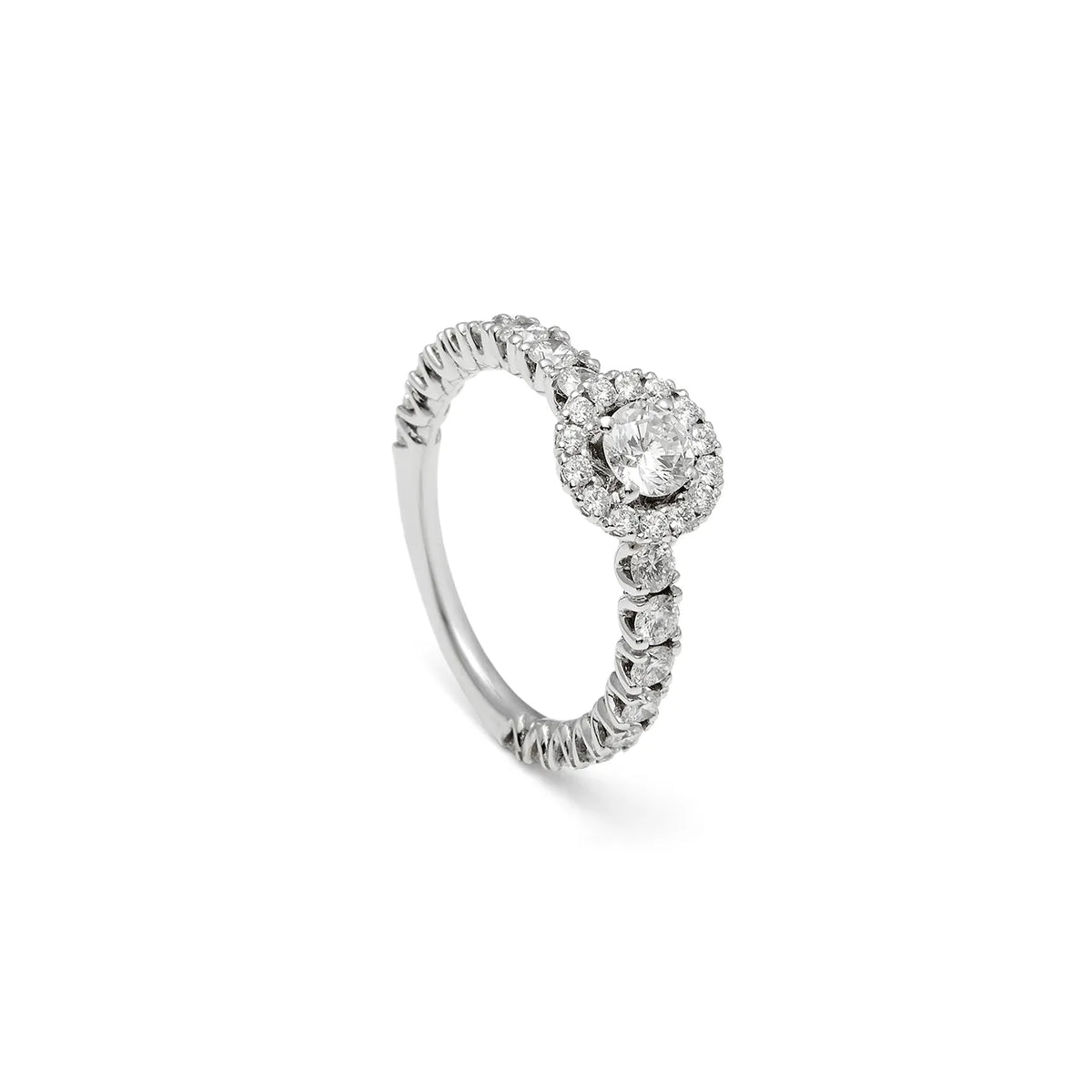 Anillo de compromiso con halo redondo. La composición circular define con claridad el motivo frontal.