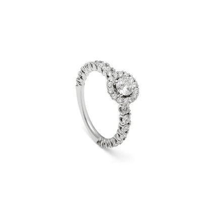 Anillo de compromiso con halo redondo. La composición circular define con claridad el motivo frontal.