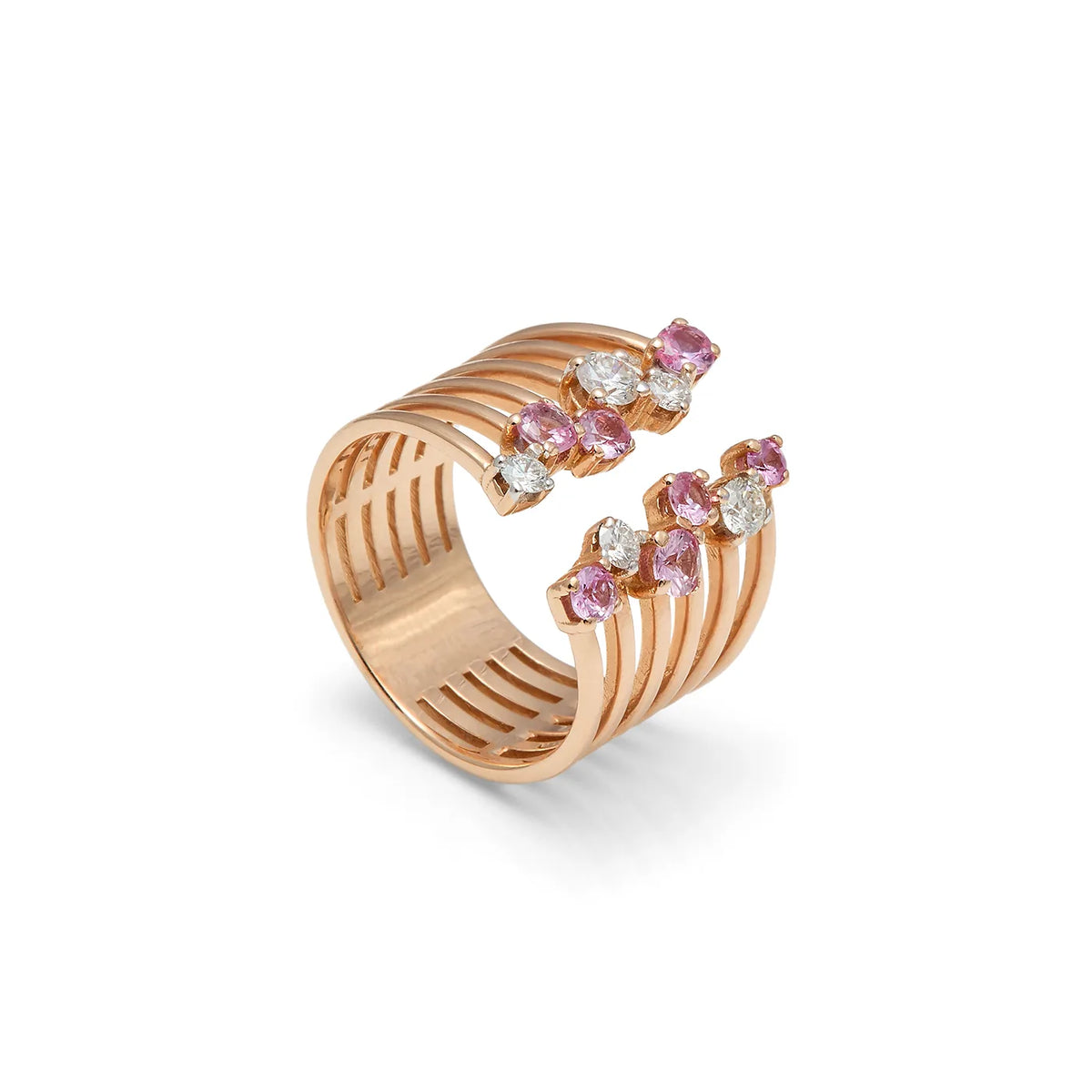 Anillo abierto de bandas y centros rosados. Las líneas paralelas recorren los laterales y se separan en el frente.