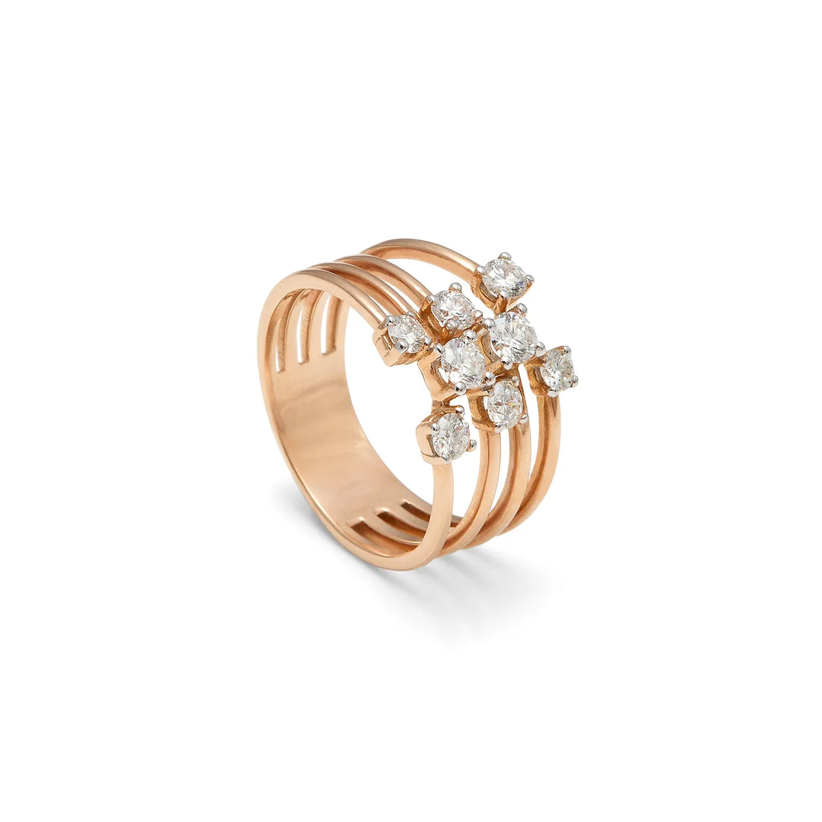 Anillo de bandas doradas y centros de luz. Las líneas paralelas dejan espacios visibles entre sí.