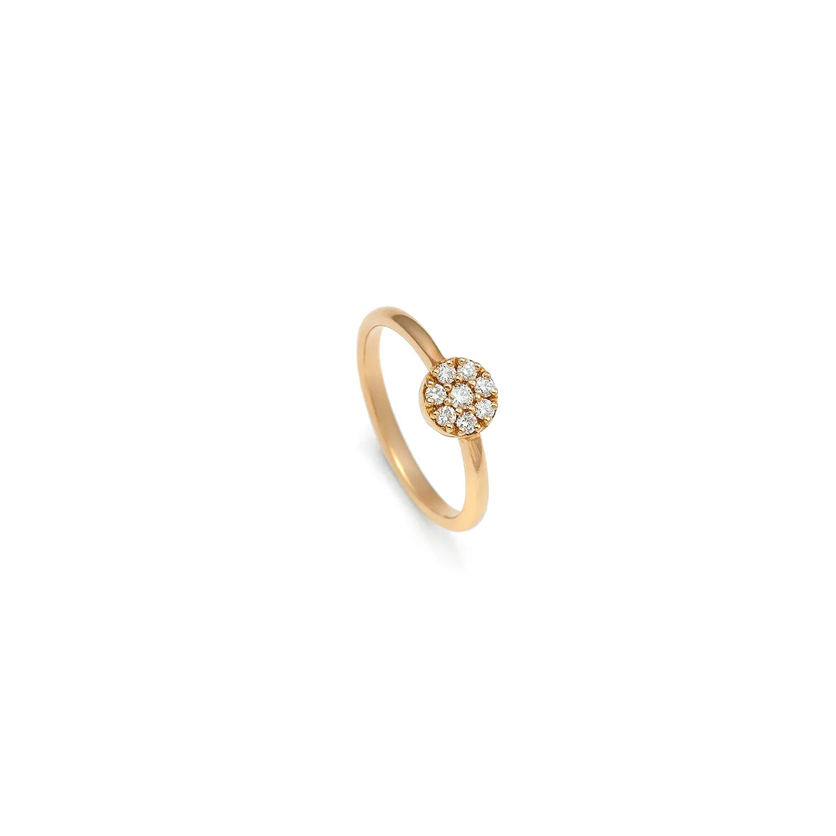Anillo de motivo redondo luminoso. El centro reúne pequeñas piedras incoloras en una composición circular.