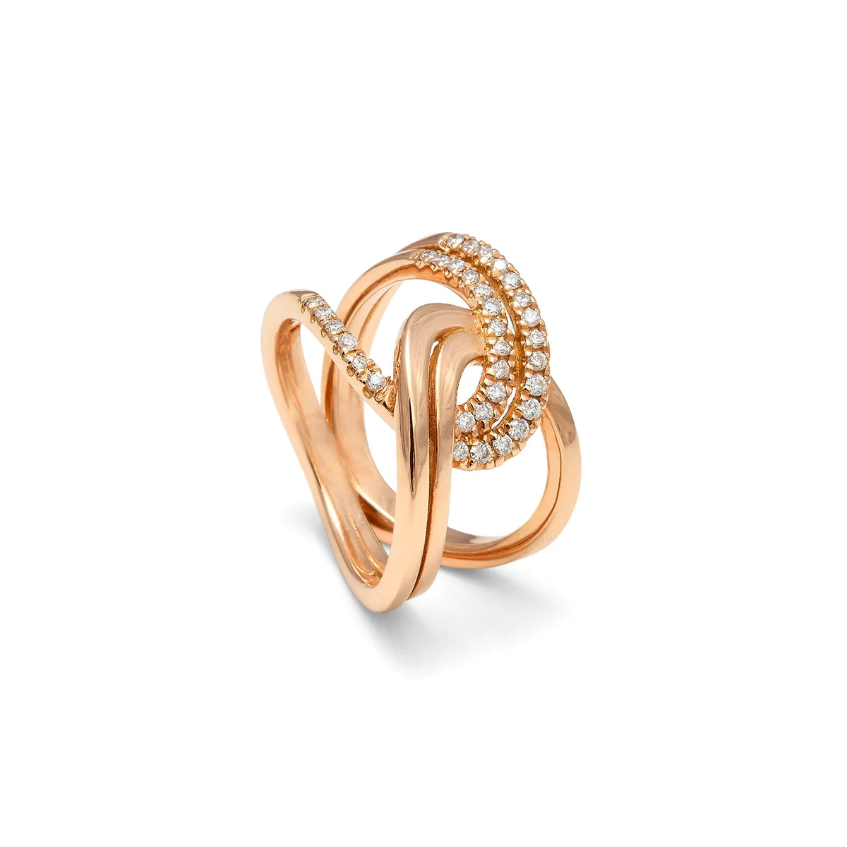 Anillo de curvas enlazadas y luz. Las bandas se cruzan a diferentes alturas en el frente.