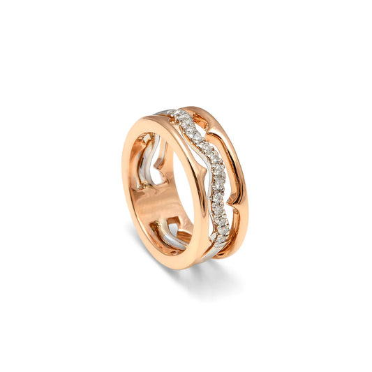 Anillo de curvas caladas y destellos. Los huecos del frente permiten seguir el recorrido de las bandas.