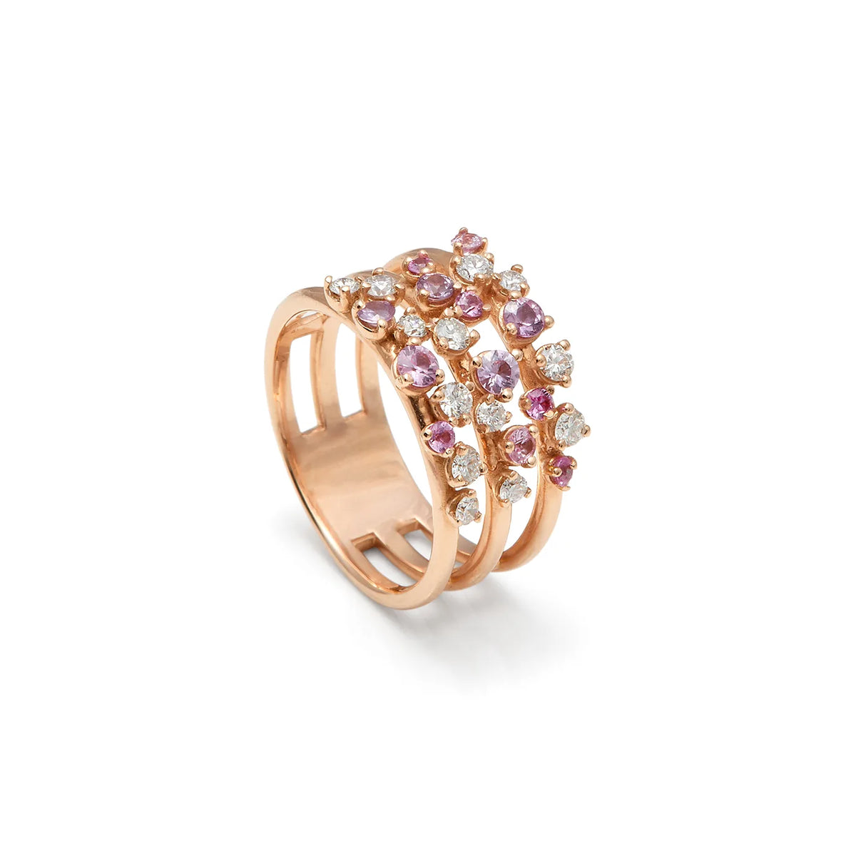 Anillo de bandas y centros rosados. Las monturas se disponen a distintas alturas sobre los aros.