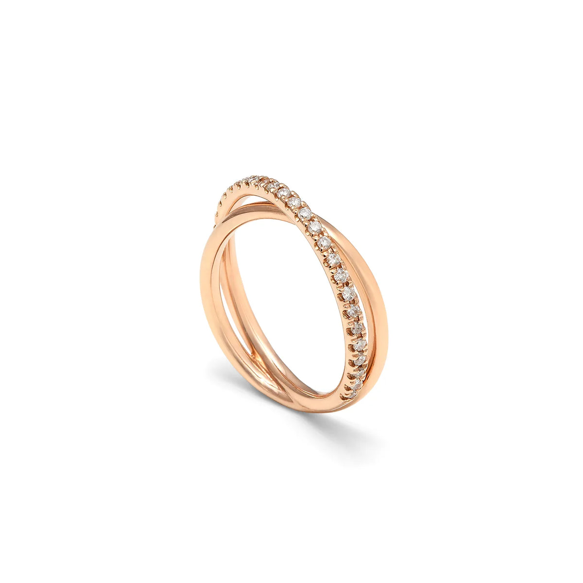 Anillo de líneas cruzadas y destellos. Los aros dibujan un cruce inclinado en la parte frontal.
