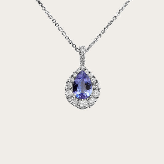 Colgante de lágrima azul y halo. El halo sigue el contorno alargado de la piedra.