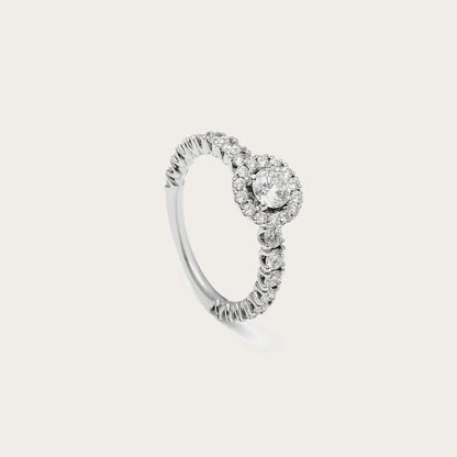 Anillo de compromiso con halo redondo. La composición circular define con claridad el motivo frontal.