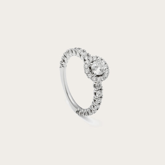 Anillo de compromiso con halo redondo. La composición circular define con claridad el motivo frontal.