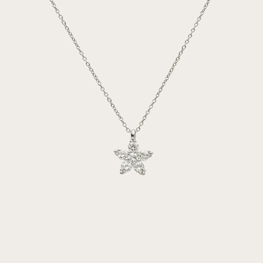 Colgante de estrella luminosa. Las piedras incoloras recorren las puntas del motivo.