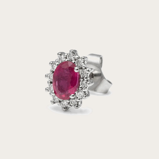 Pendientes de centro rosado y halo. Las piedras incoloras siguen la silueta del motivo central.