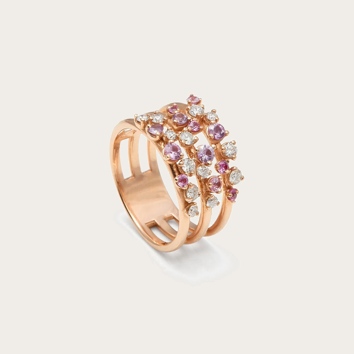 Anillo de bandas y centros rosados. Las monturas se disponen a distintas alturas sobre los aros.