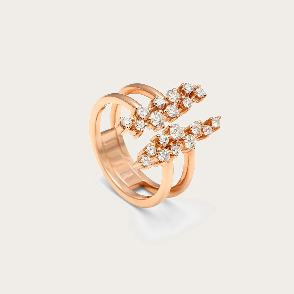 Anillo de bandas y centros dispersos. Los motivos se distribuyen a distintas alturas en el frente abierto.