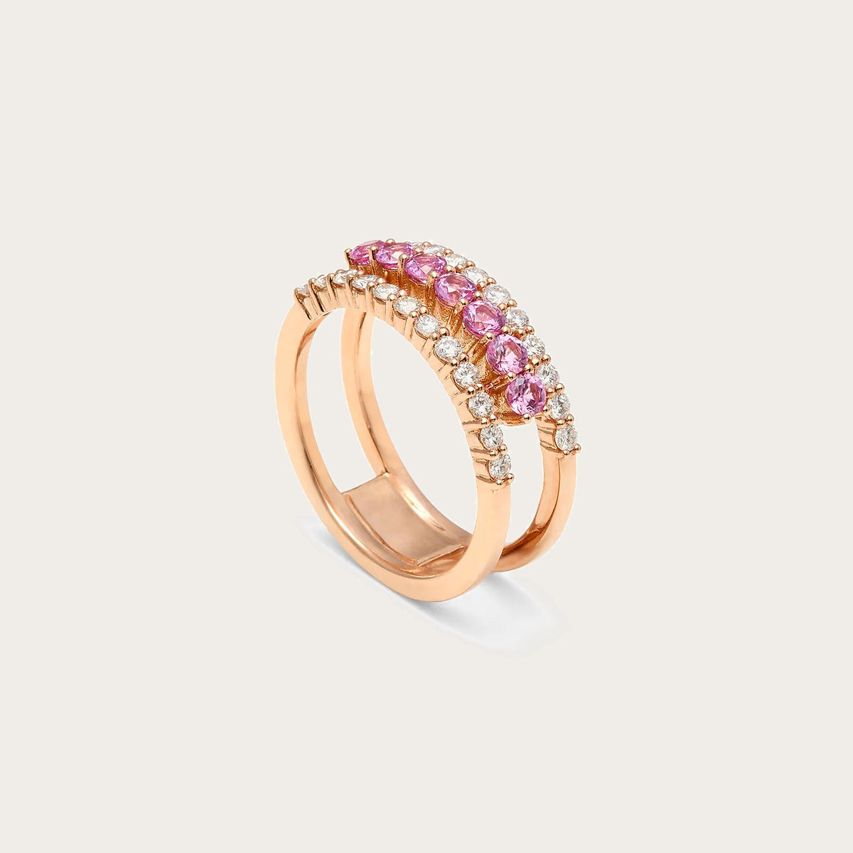 Anillo de doble línea rosada y luminosa. Las dos líneas siguen trayectorias paralelas en el frente.