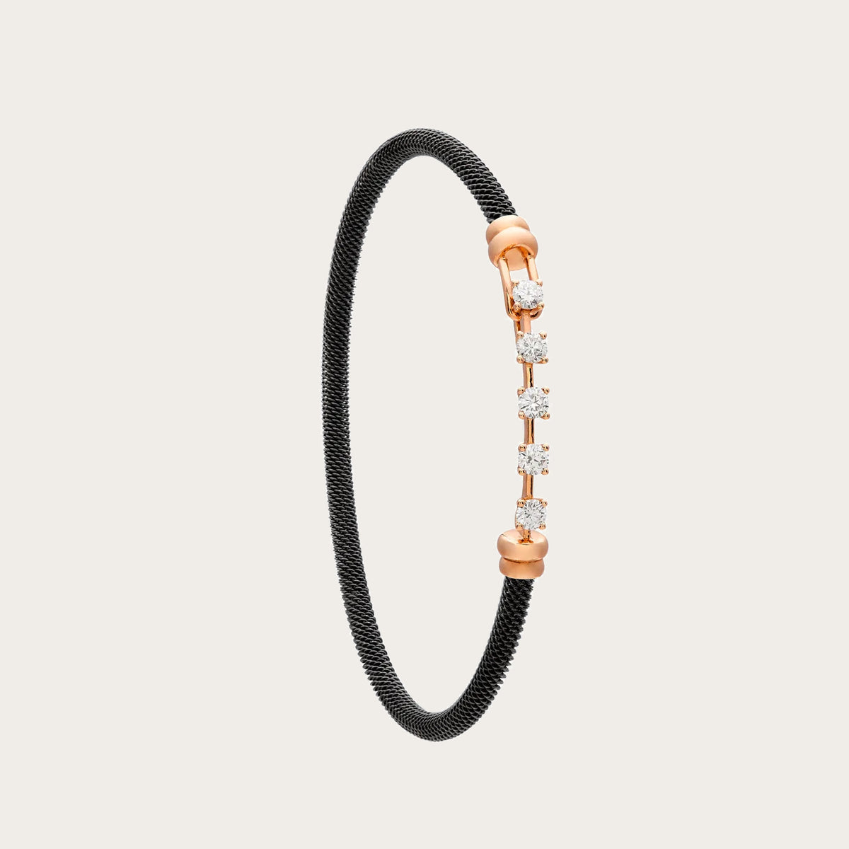 Pulsera de acero y oro con centros de luz. Las monturas dejan distinguir cada motivo de la hilera.