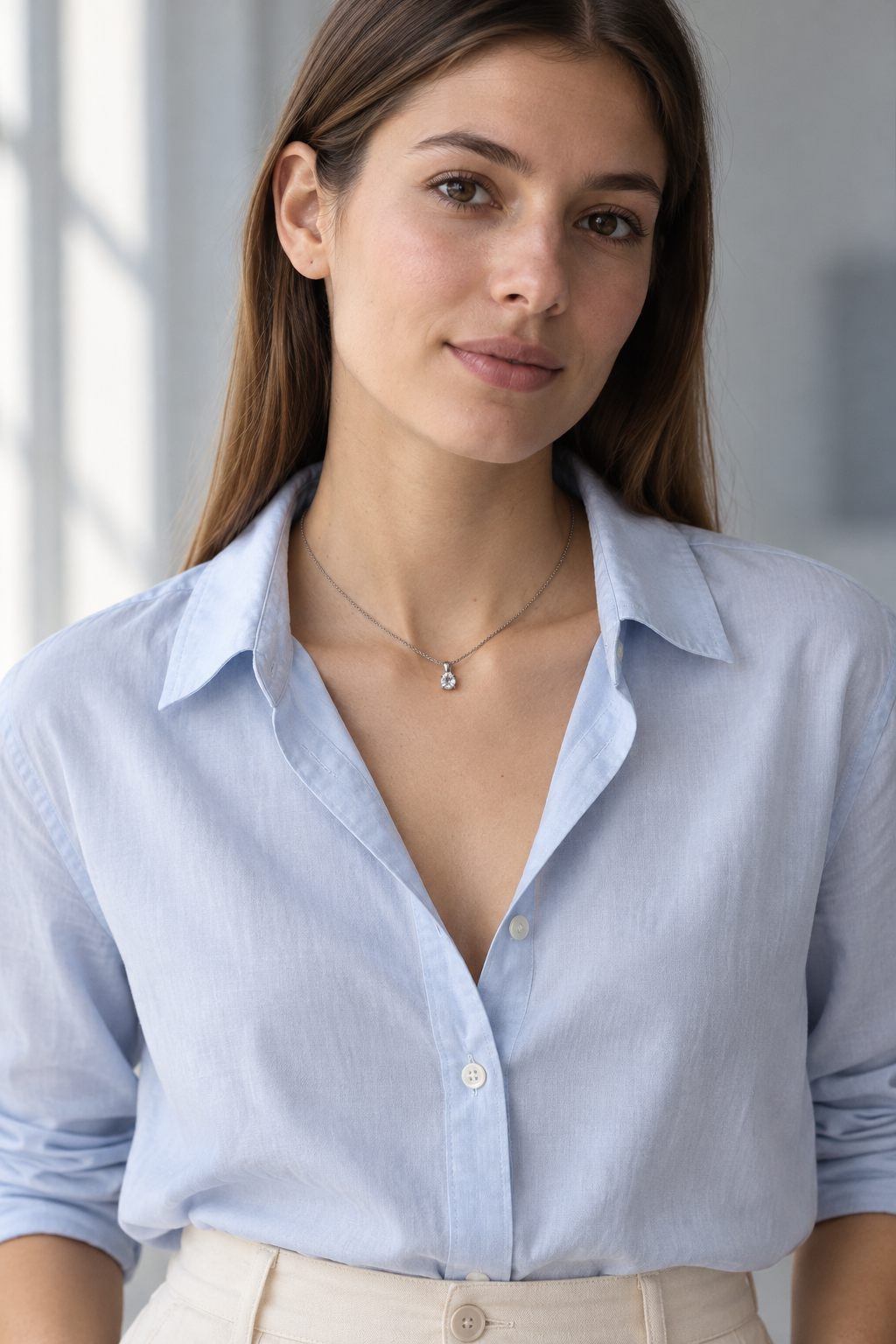 Colgante diamante con palito rectangular 0,37 — joya puesta con modelo