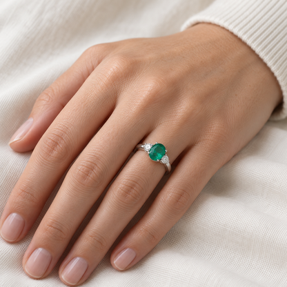 Anillo de centro verde ovalado S-3963 — primer plano de la joya puesta