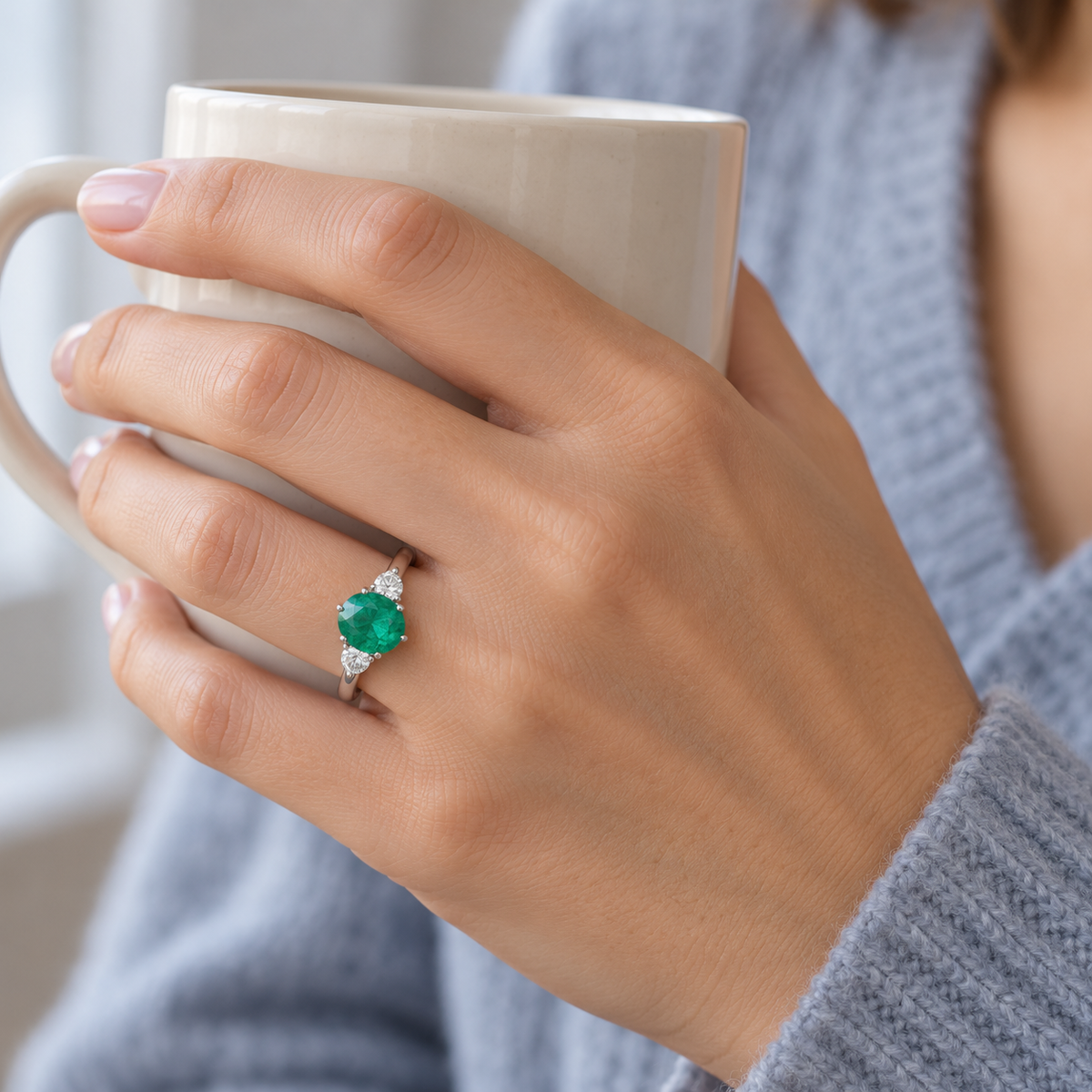 Anillo de centro verde ovalado S-3963 — joya puesta desde otro ángulo