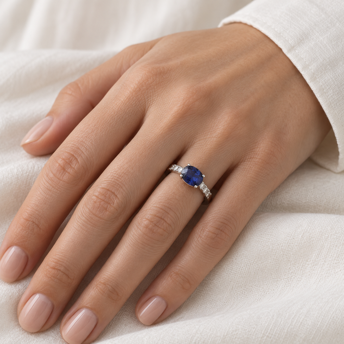 Anillo de zafiro oval y brillantes S-4001 — primer plano de la joya puesta