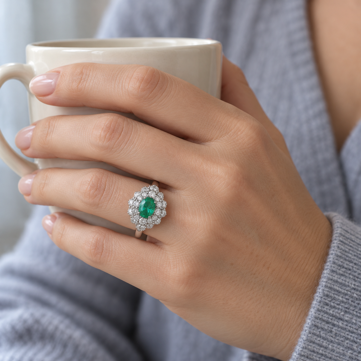 Anillo de esmeralda oval y rosetón S-4017 — joya puesta desde otro ángulo