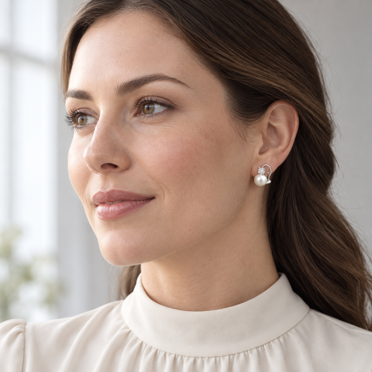 Pendientes de perla y brillante V-2259/P — joya puesta con modelo