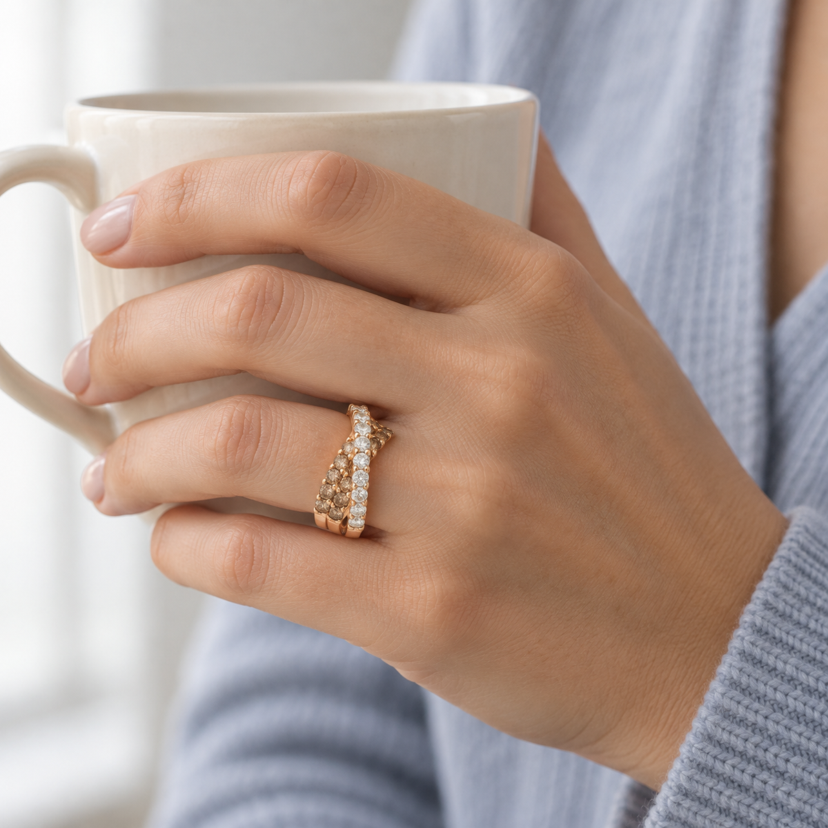 Anillo de bandas cruzadas y tonos cálidos V-2467/S — joya puesta desde otro ángulo