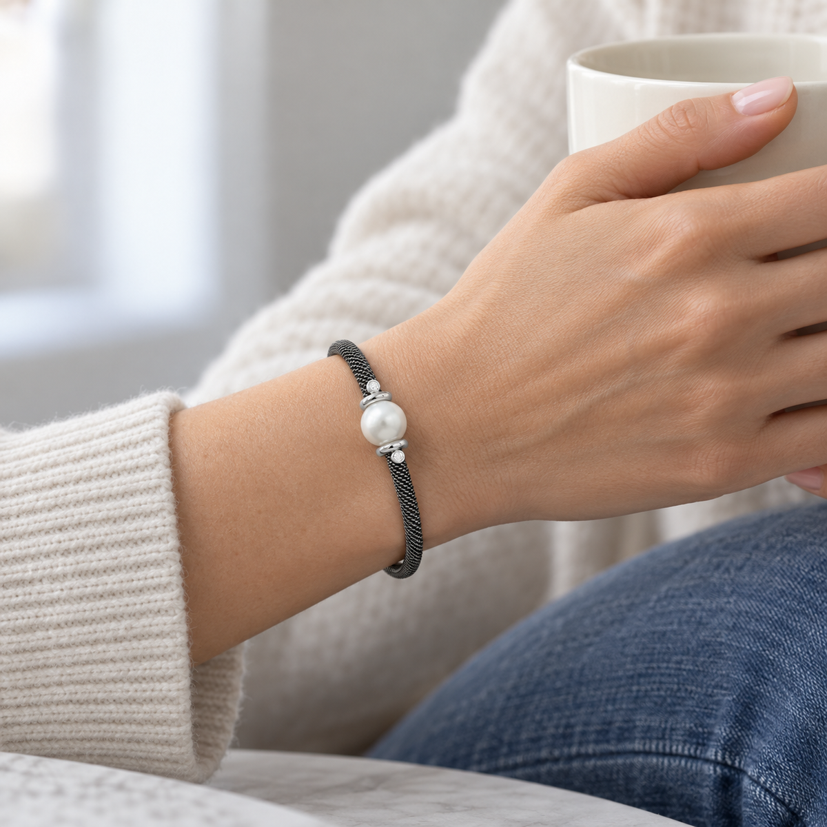 Pulsera de acero y centro blanco redondo V-2592/PU — joya puesta desde otro ángulo