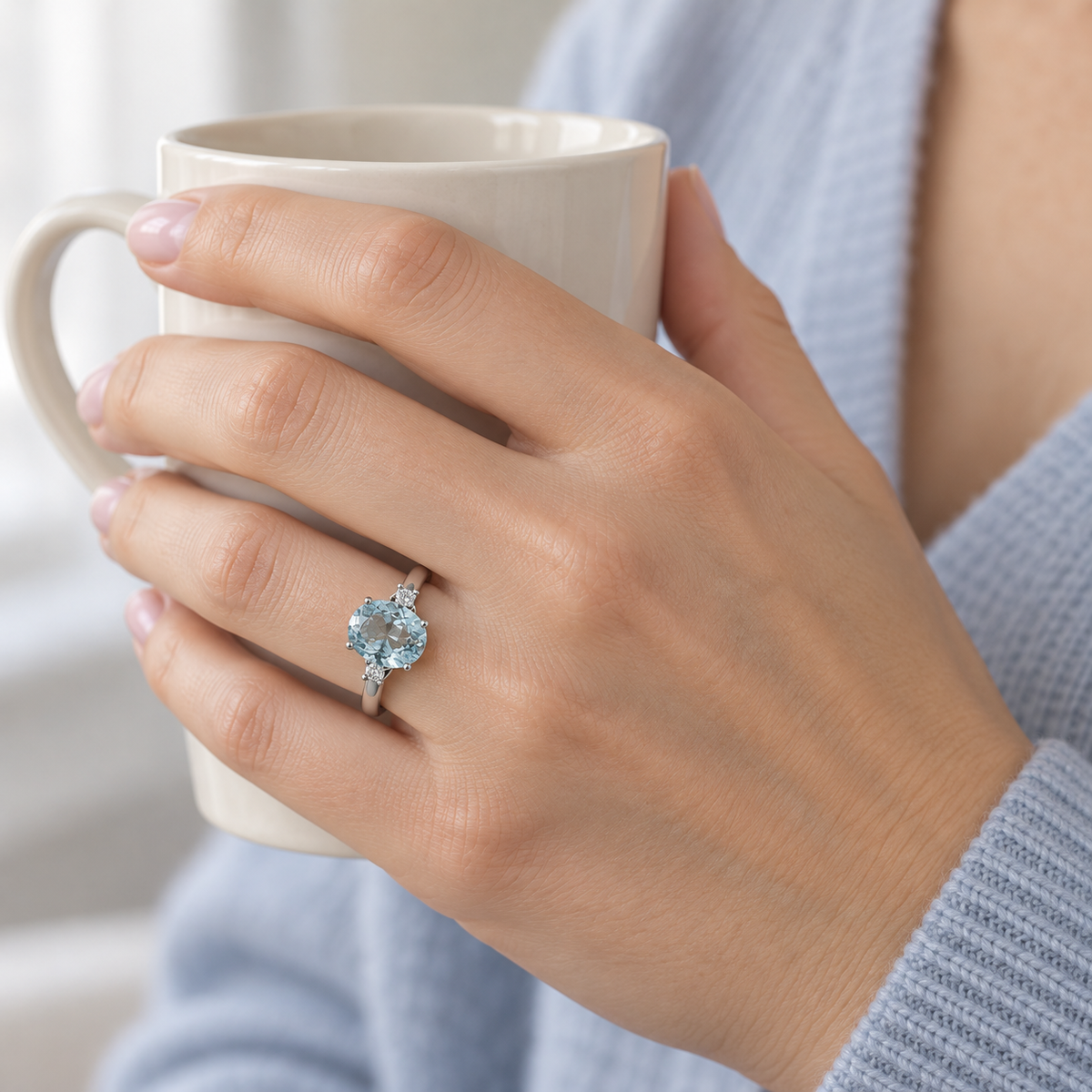 Anillo de centro azul claro V-3026/S — joya puesta desde otro ángulo