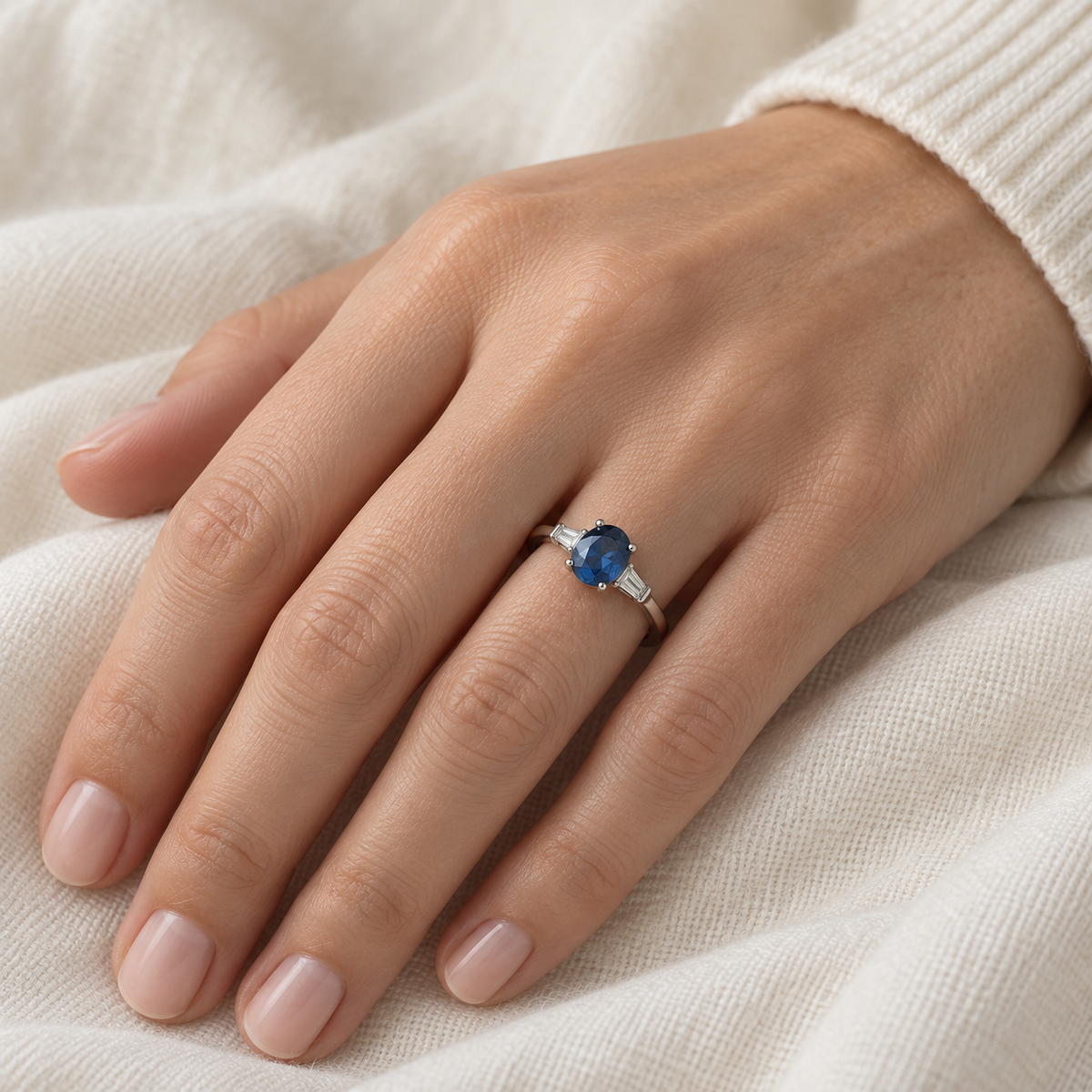 Anillo de centro azul intenso V-3166/S — primer plano de la joya puesta