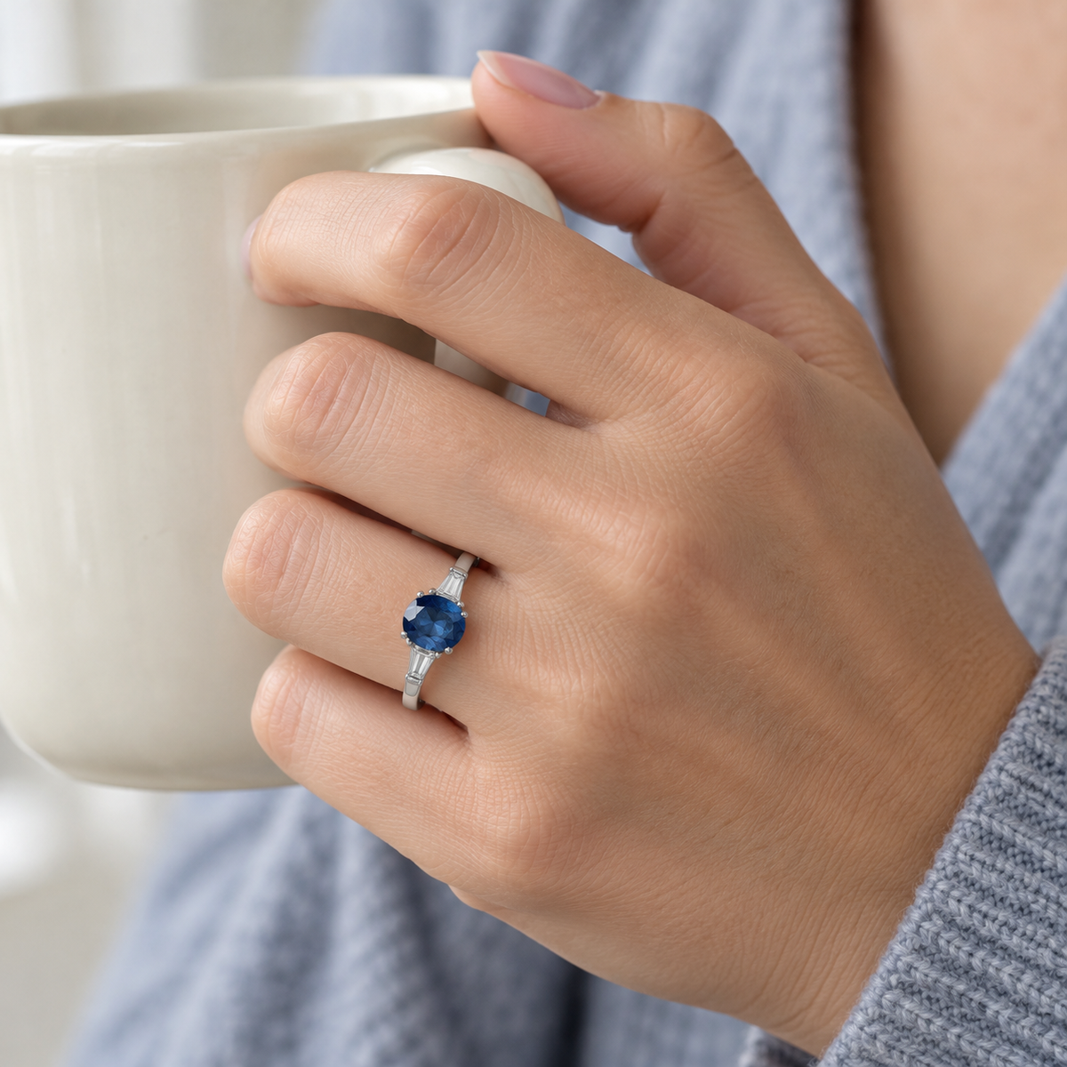 Anillo de centro azul intenso V-3166/S — joya puesta desde otro ángulo