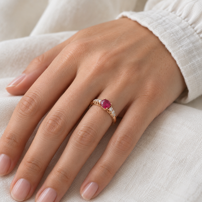 Anillo de centro rosado y hombros de luz V-3175/S — primer plano de la joya puesta