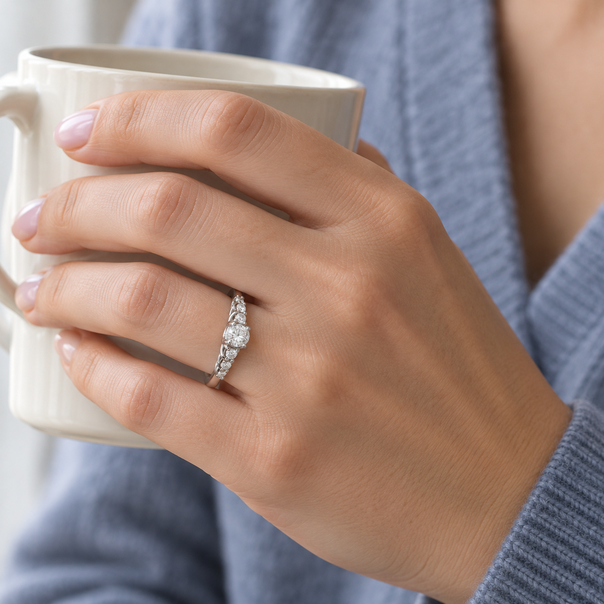 Anillo de compromiso con frente de luz V-3204/S — joya puesta desde otro ángulo