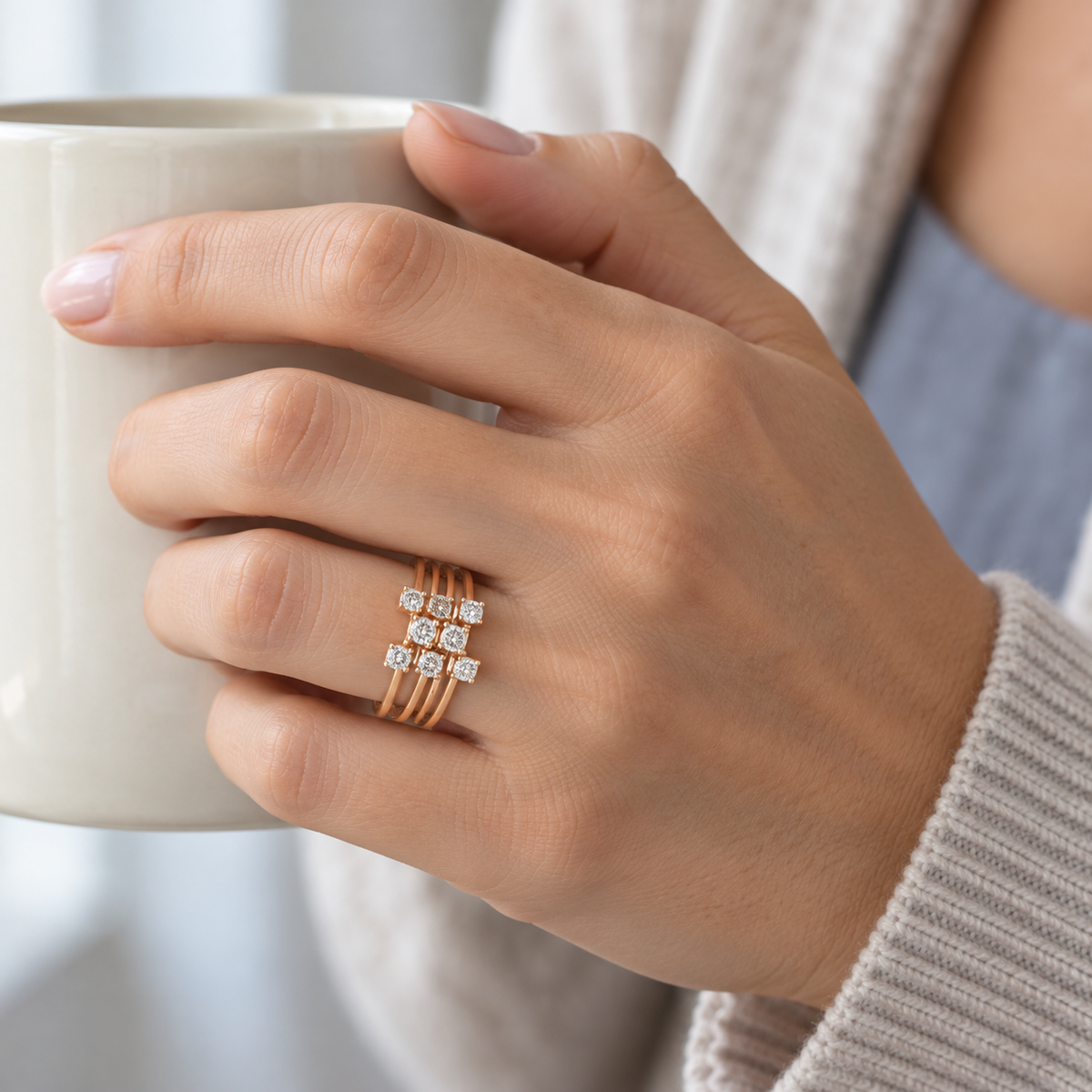 Anillo de bandas doradas y centros de luz V-3238/S — joya puesta desde otro ángulo