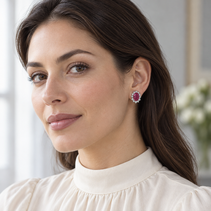 Pendientes de centro rosado y halo V-3397/P — joya puesta con modelo