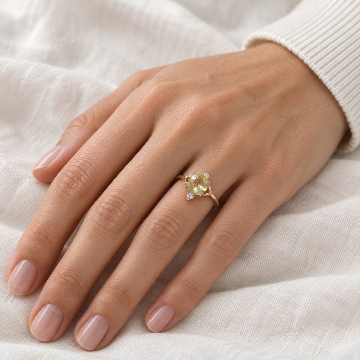 Anillo de centro amarillo verdoso V-3409/S — primer plano de la joya puesta