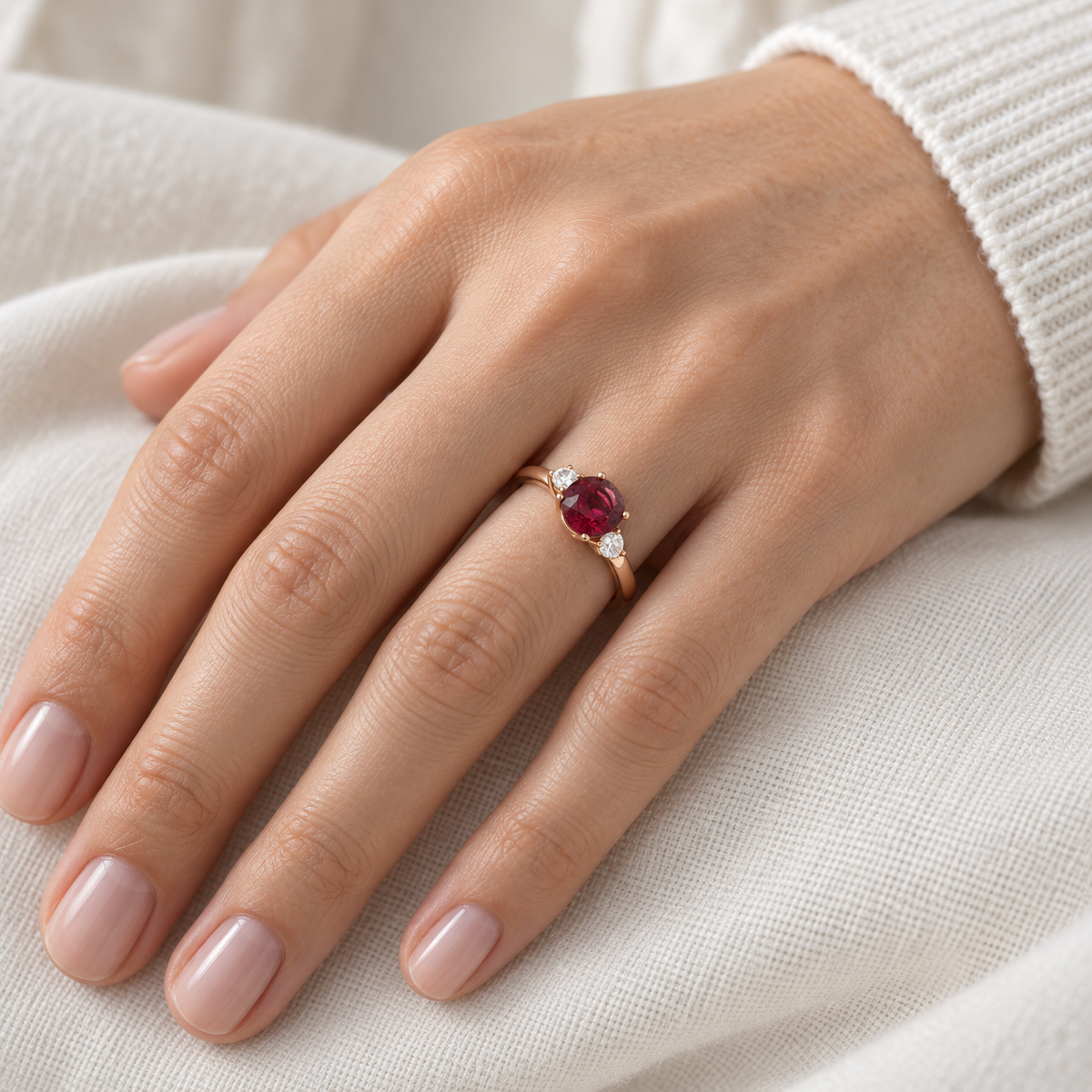 Anillo de centro rojo ovalado V-3409/S — primer plano de la joya puesta