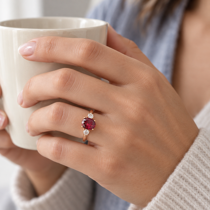 Anillo de centro rojo ovalado V-3409/S — joya puesta desde otro ángulo