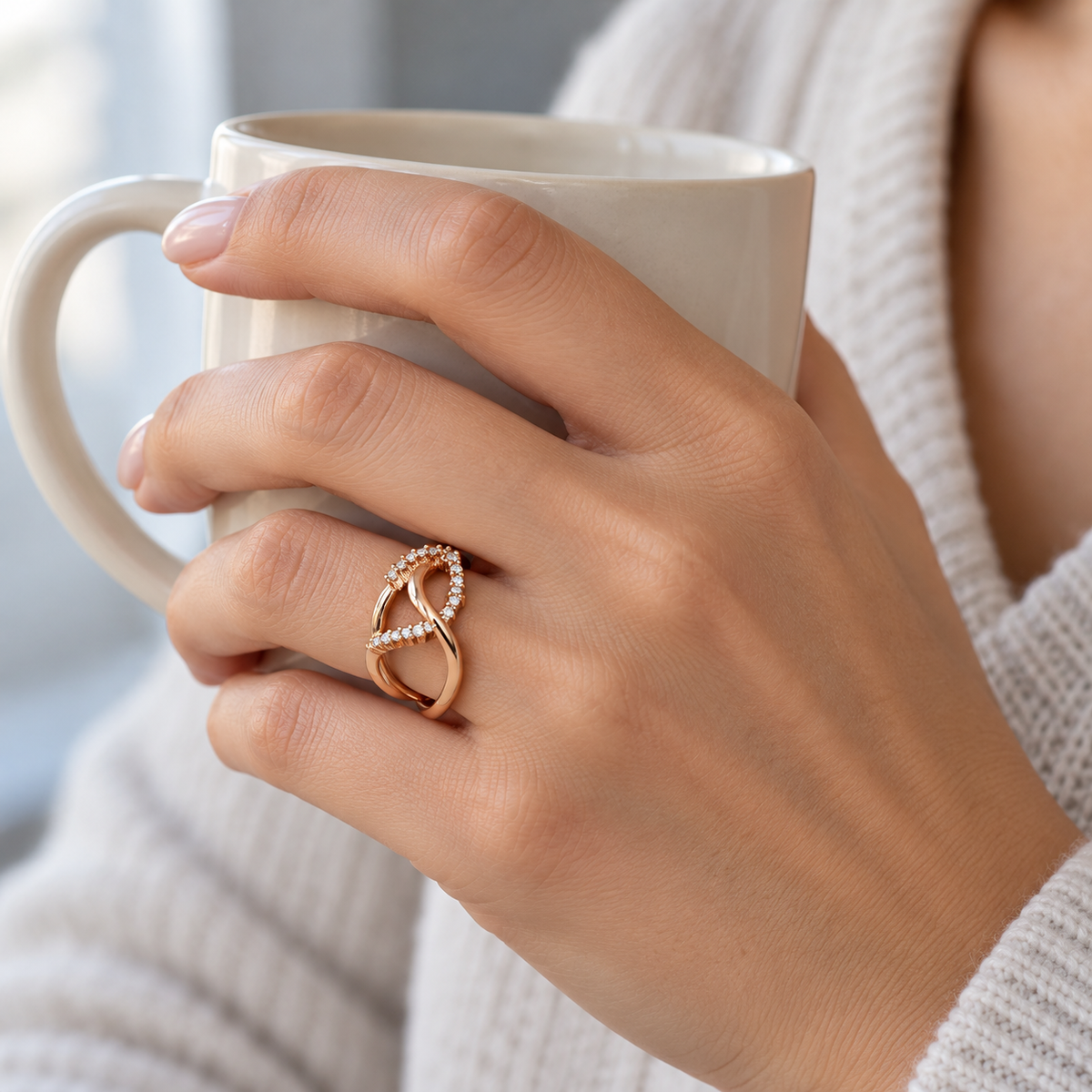 Anillo de curva en lágrima V-3431/S — joya puesta desde otro ángulo