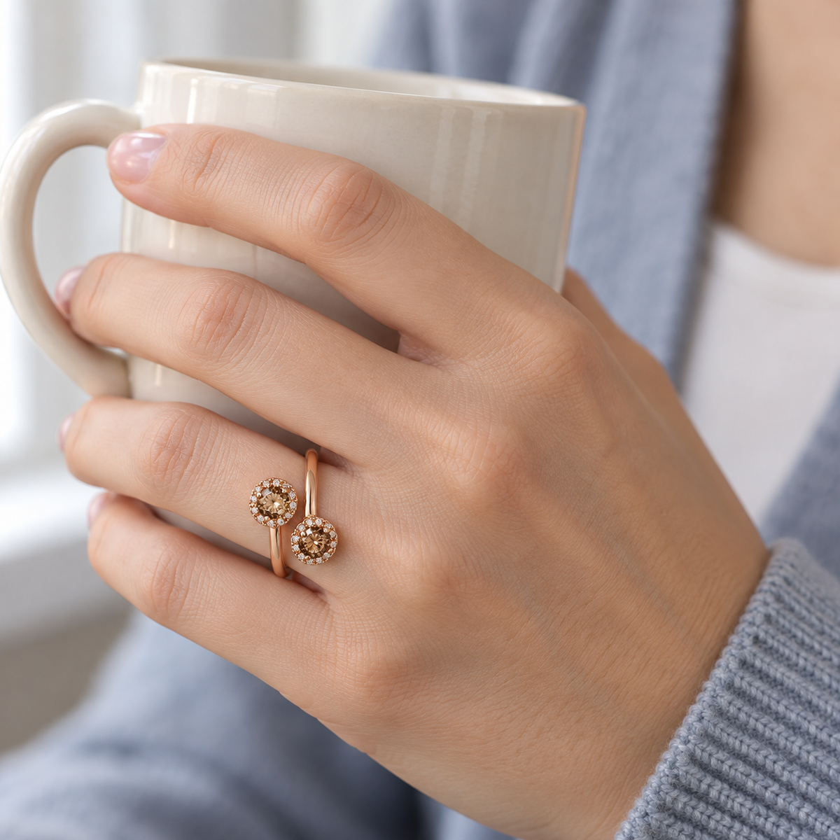 Anillo abierto de diamantes color coñac V-3477 — joya puesta desde otro ángulo