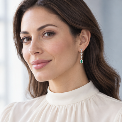 Pendientes largos de lágrima verde V-3499/P — joya puesta con modelo