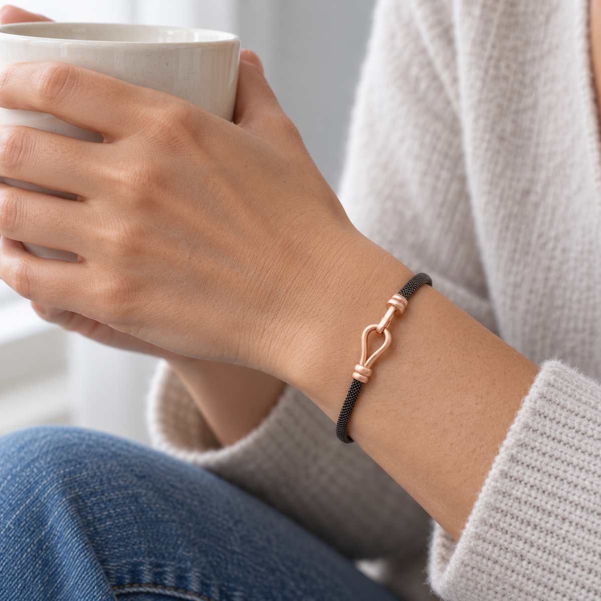 Pulsera de acero y oro con motivo abierto V-3564/PU — joya puesta desde otro ángulo