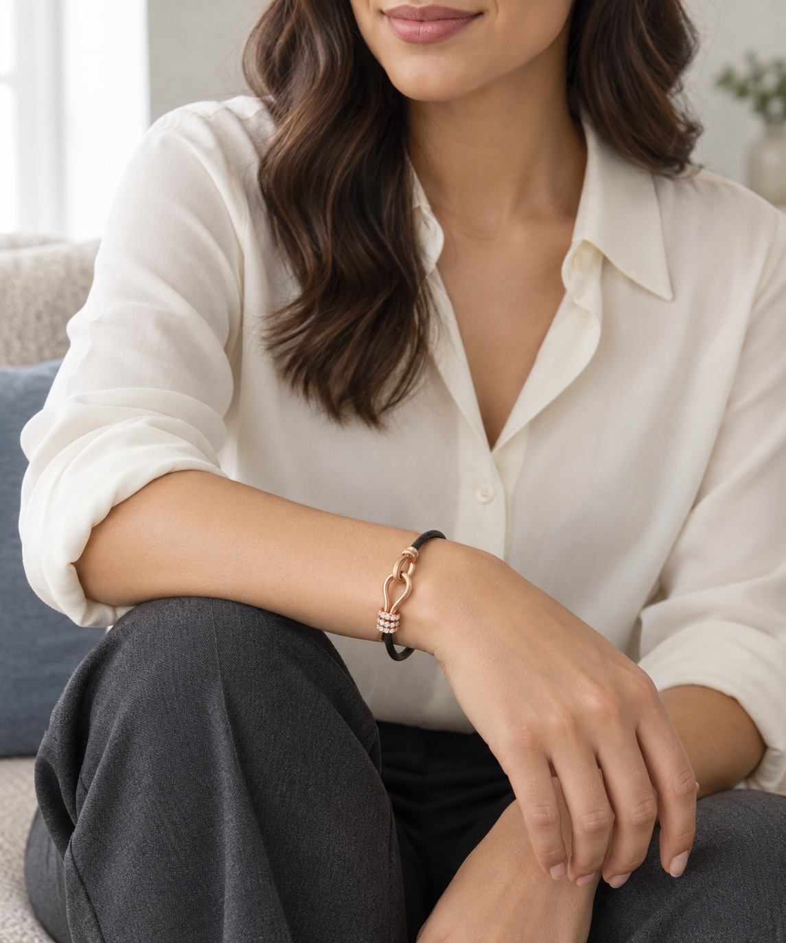 Pulsera de acero y oro con curva y destellos V-3582/PU — joya puesta con modelo