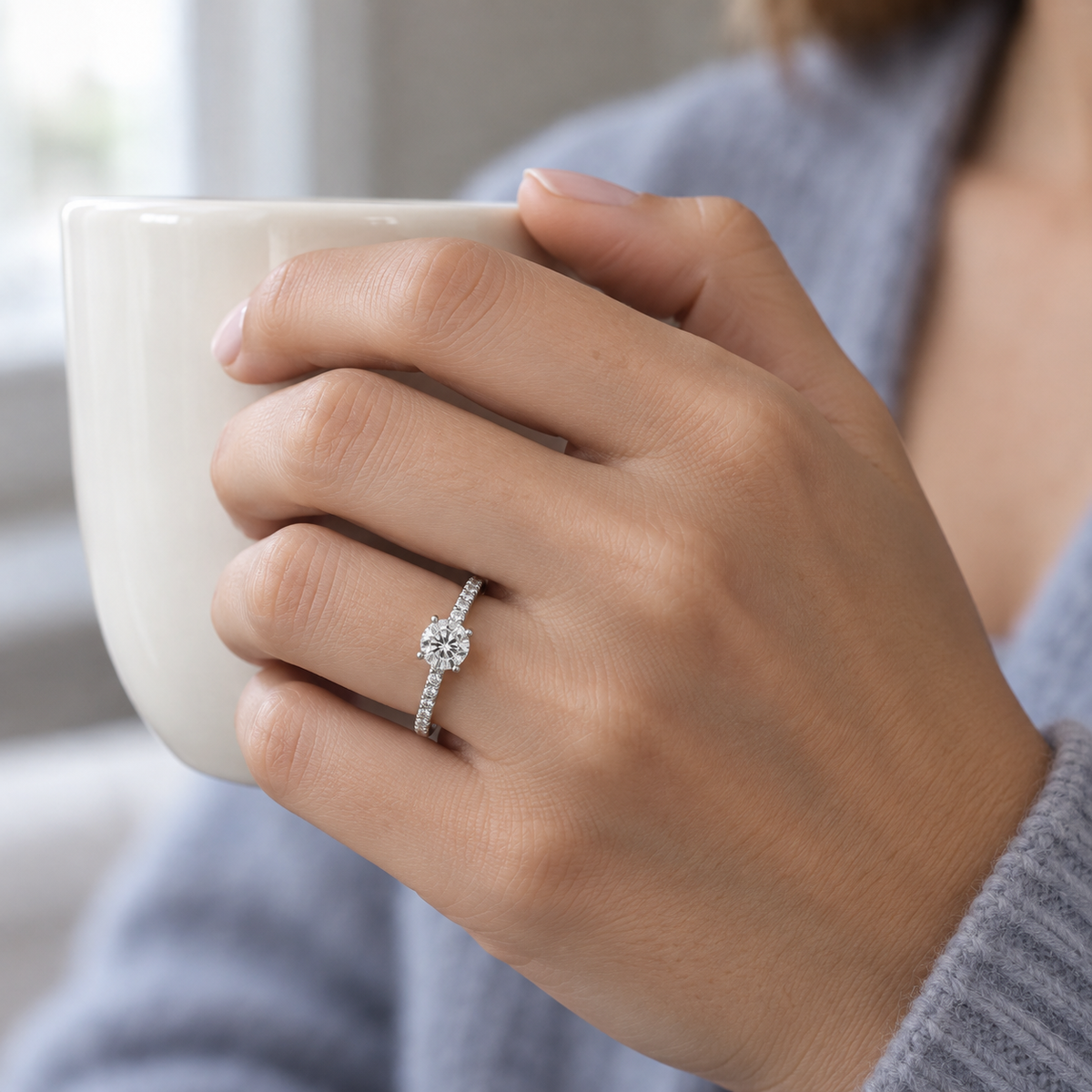 Anillo de brillantes y hombros de luz V-3608/S — joya puesta desde otro ángulo