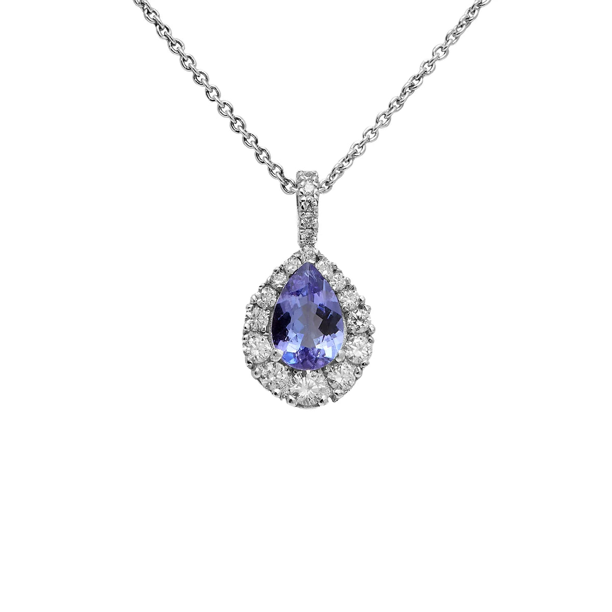 Colgante de lágrima azul y halo. El halo sigue el contorno alargado de la piedra.