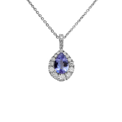 Colgante de lágrima azul y halo. El halo sigue el contorno alargado de la piedra.